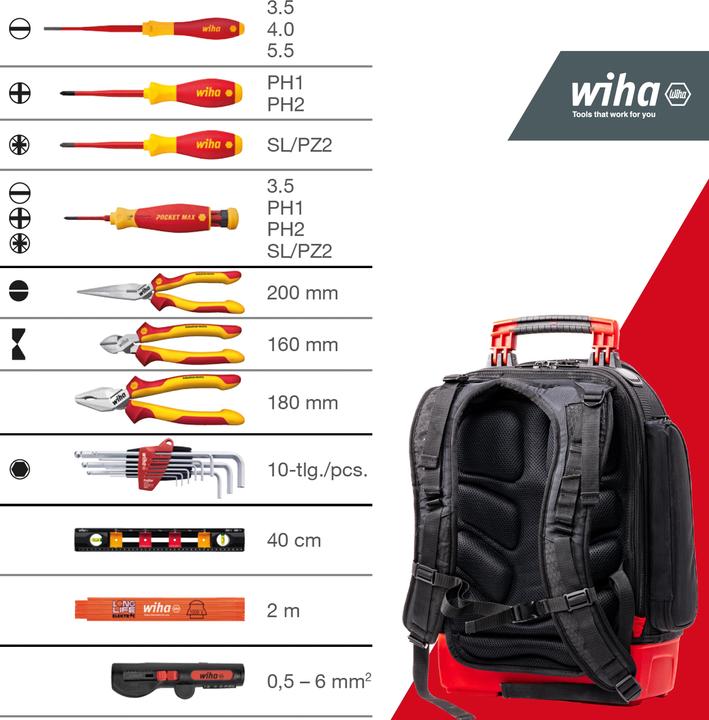 Actual product image Wiha Electrician's tool rucksack 27 pce electrician's basic equipment sturdy stand-up base laptop (28 pieces)