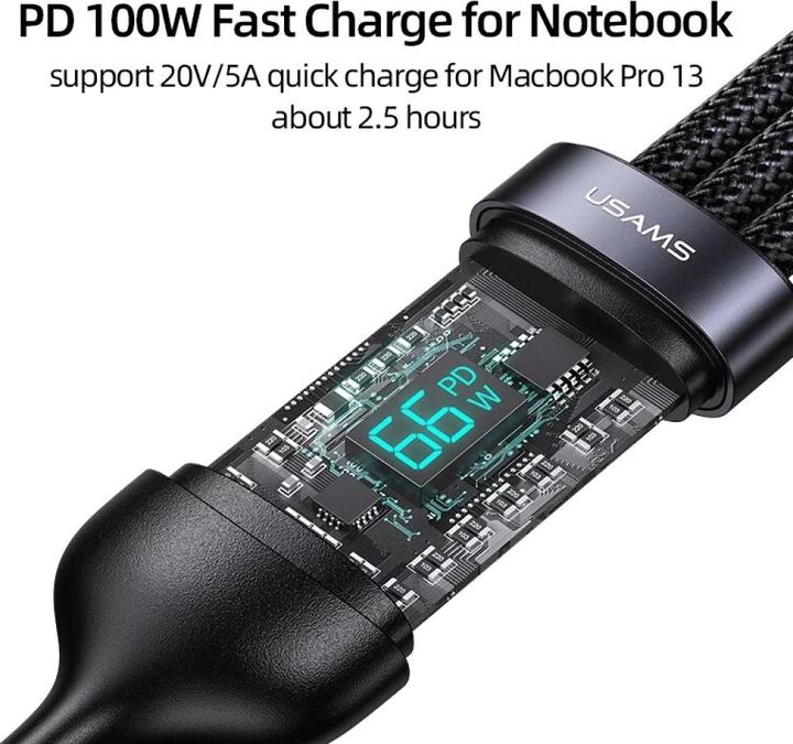 Actual product image Usams US-SJ600 U83 3IN1 Transparent Digital Display PD100W Fast Charging & Data Cable 1.2m C To C+L+M (1.20 m, USB 2.0)