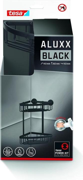 Actual product image tesa ALUXX BLACK corner shower basket incl. adhesive solution without drilling (17.5 x 17.5 x 34.5 cm)