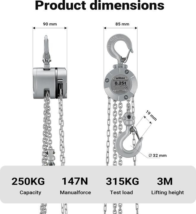 Immagine prodotto Wiltec Kettenzug bis 250kg Handkettenzug 3m Hubhöhe Tragmittel Hebezeug Hebelzug