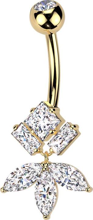 Actual product image Star Piercing Banane vergoldet mit Kugel Kristall silber und drei eckige Kristalle Anhänger Blatt Kristalle silber (Titanium G23, Brass)