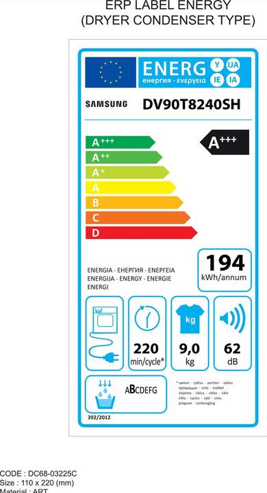 Etichetta energetica Samsung DV90T8240SH/S5 DV8000 (9 kg, A destra)