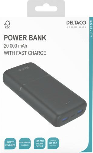 Produktbild Deltaco Powerbank with fast charging, 3 ports, 2x USB-A 18W, 1x USB-C PD 20W, 20,000 mAh black (20000 mAh, 20 W)