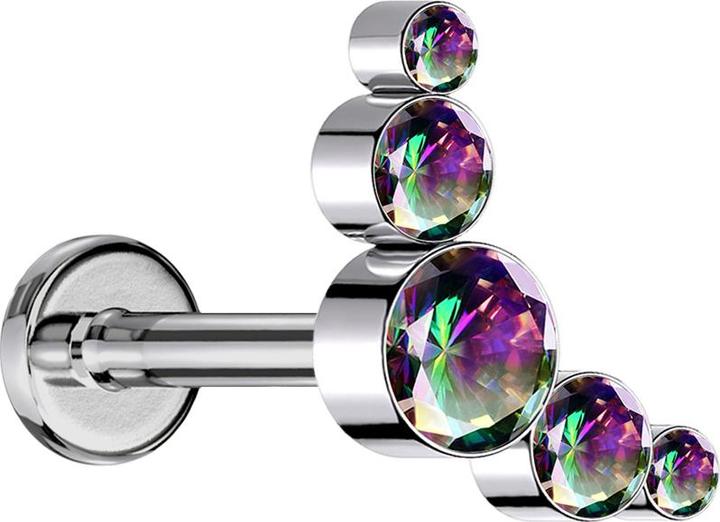 Star Piercing Micro Threadless Labret silber fünf Kristalle dunkel multicolor (ohne Messing, Titan G23)