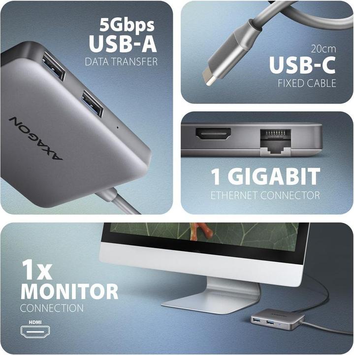 Actual product image Axagon HMC-5HL 2xUSB-A 4K HDMI GLAN PD100W USB-C (USB-C, 4 Ports)