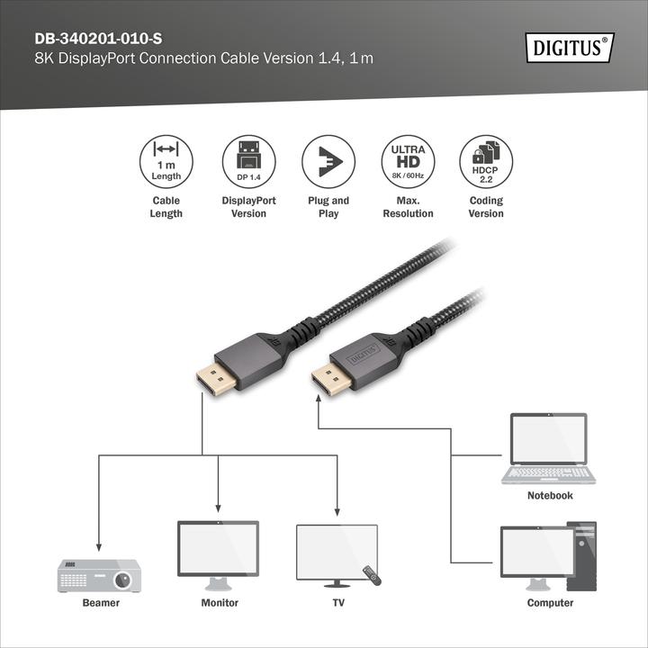 Produktbild Digitus 8K DisplayPort Anschlusskabel 1.4 Version (1 m, DisplayPort)