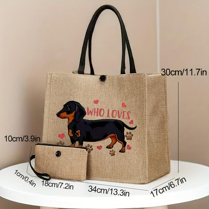 Actual product image Only-Bags.Store 2 Stück Hundedruck Canvas Tote Bags - Leichte Reise- und Strandtaschen mit Schnallenverschluss