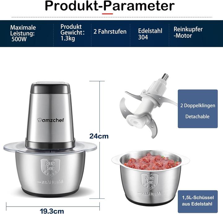 Image du produit Amzchef Fleischwolf mit 2 Geschwindigkeitsstufen (1500 ml, 500 W)