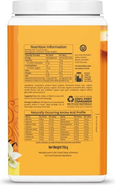 Valeurs nutritives et ingrédients Sunwarrior Protein Classic Plus (Chocolat, Vanille, 1 pcs, 750 g)