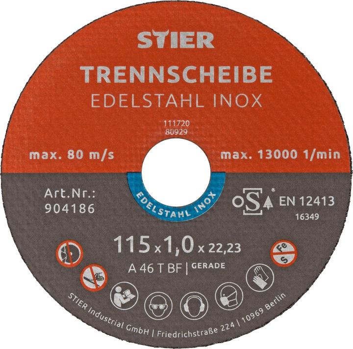 Immagine prodotto Stier Disco per troncatura / disco flessibile 115 x 1,0 x 22,23 mm diritto inox / acciaio legato