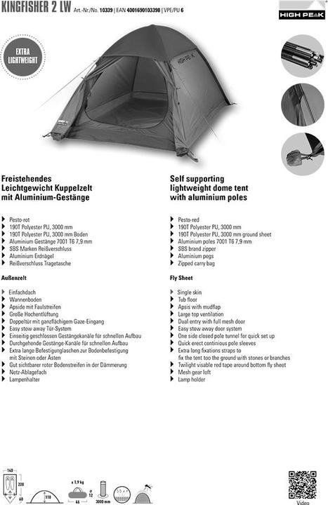Image du produit High Peak Kingfisher 2 Tente dôme 2 personne(s) (Tente igloo, 1.90 kg, 2 personnes)