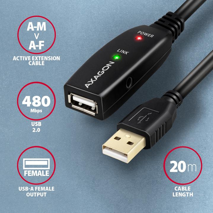Produktbild Axagon ADR-220 aktives USB 2.0 Verlängerungskabel, USB-A Stecker/Buchse - 20m (20 m, USB 2.0)