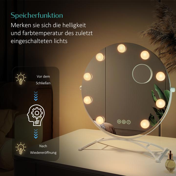 Produktbild Emke Hollywood Kosmetikspiegel(Rund) mit 11 Lampen, 1X+7X Vergrösserung, 3 Farbtemperatur, 40*47cm,Weiss