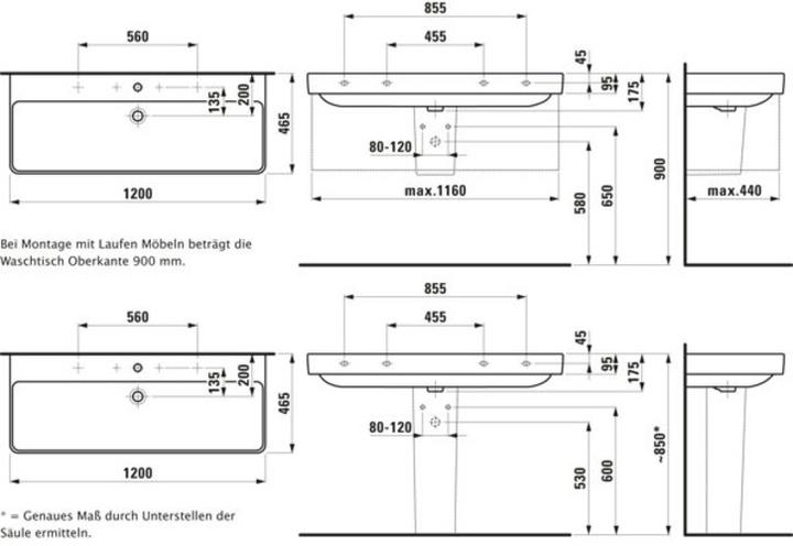 Actual product image Laufen Washbasin PRO S 1200x460mm w ÜL j 1 HL r and l white (460 mm, 1200 mm)