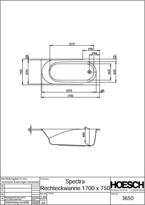 Hoesch Bathtub SPECTRA 1700x750x480mm white (150 l, 170 cm, 75 cm)