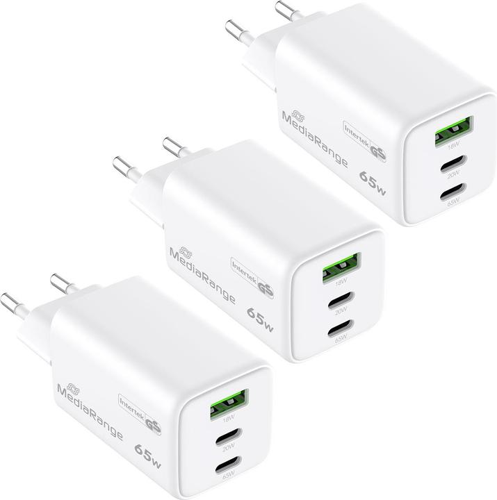 Produktbild MediaRange Schnellladeadapter, GaN, 2x USB-C und 1x USB-A, PD & QC, 65 Watt, 3er-Set (65 W)