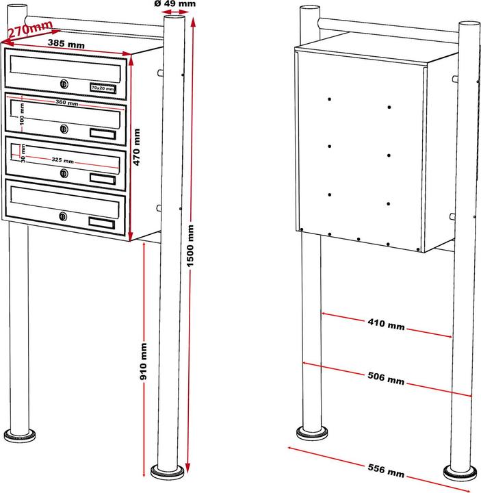 Produktbild Wiltec 4er Briefkastenanlage Edelstahl 270x513x1500mm Standbriefkasten Post