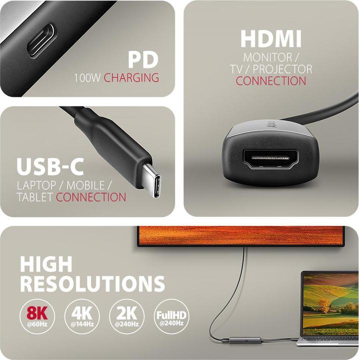 Produktbild Axagon RVC-HI8KPD, USB-C -> HDMI 2.1 redukce / adaptér, 8K/60Hz, 4K/144Hz, HDR10+, PD100W (USB Typ-C, 7.90 cm)