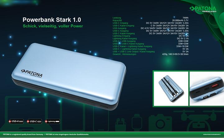 Actual product image Patona Powerbank USB-C/ Ligh. 65W 20000 (20000 mAh, 65 W, 74 Wh)