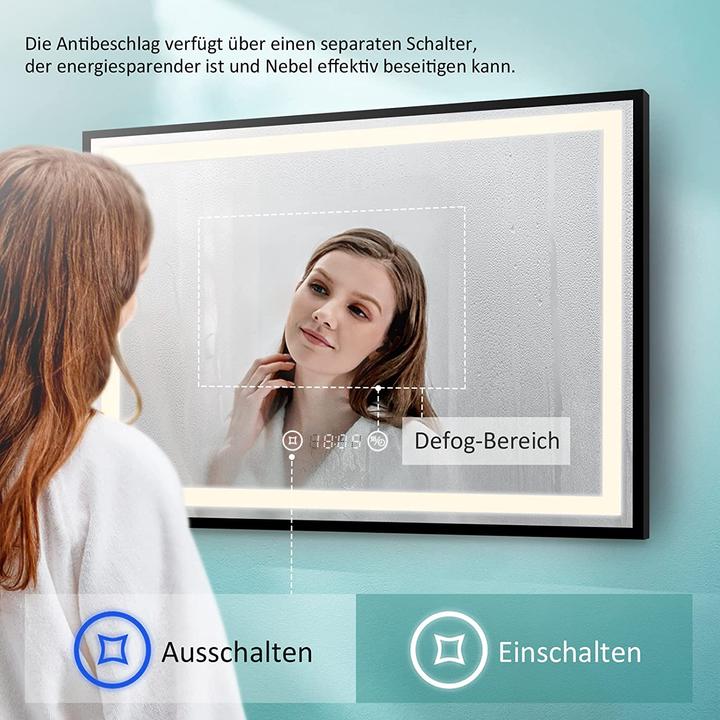 Produktbild Emke Badspiegel mit Beleuchtung 100*70cm,Beschlagfrei, Temperatur und Uhr Kaltweiss(6500K), Dimmbar (100 x 70 cm)