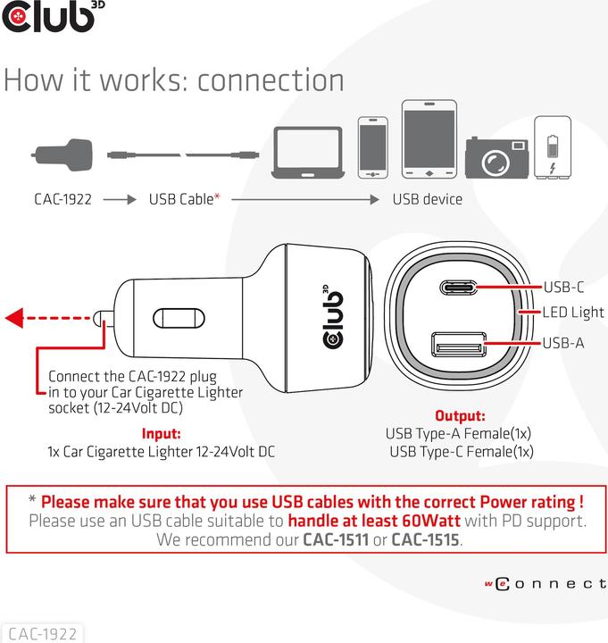 Image du produit Club 3D Club3D Chargeur USB pour voiture 1xUSB C, 1xUSB A, 63W, 12/24V retail