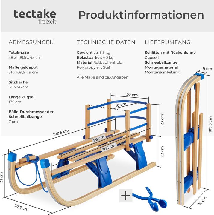 Produktbild tectake Holzschlitten Vivian, klappbar mit Rückenlehne und Zugseil