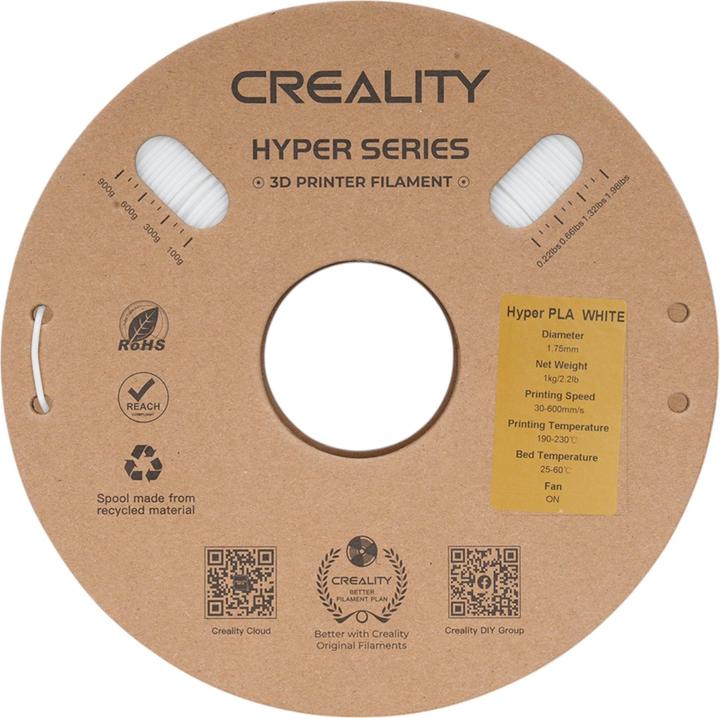Image du produit Creality Filament PLA Hyper, blanc, 1.75 mm, 1 kg (PLA, 1.75 mm, 1000 g, Blanc)