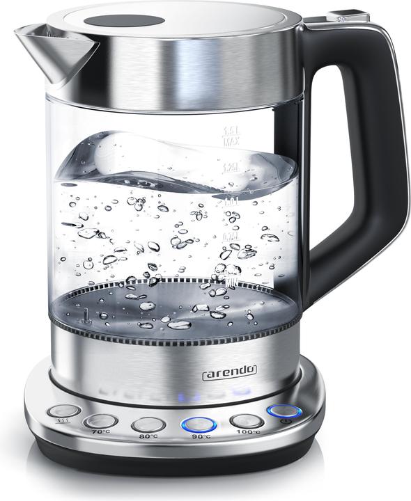 Arendo Wasserkocher 1,5 l, 2200 W, Edelstahl & Glas mit Basisstation, Temperatureinstellung 70° C - 100° C (1.50 l)