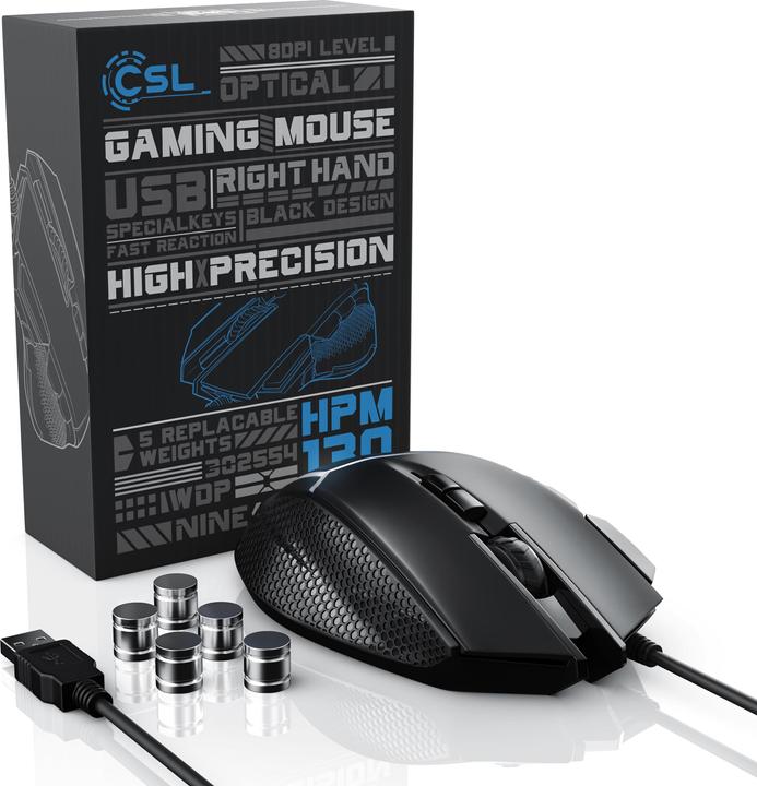 Actual product image CSL Gaming mouse wired 500 dpi, ergonomic, 3200 dpi, selectable sampling rate, mouse incl. weights (Cable)