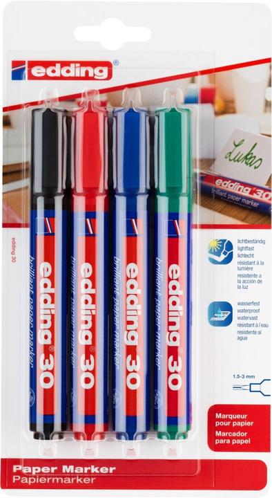 Produktbild Edding Pigmentmarker 30 brilliant paper marker 1,5-3mm schwarz, rot, blau, grün VE=4 Stück (Grün, Rot, Blau, Schwarz, 3 mm, 1 x)